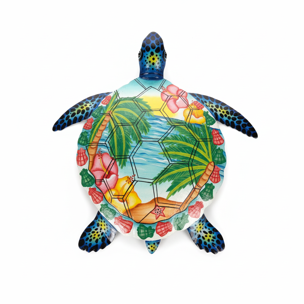 Handcrafted metal turtle wall art with colorful tropical floral shell design and blue spotted details