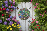 Colorful Haitian dragonfly metal wall art on a whitewashed garden fence surrounded by blooming flowers and lush greenery