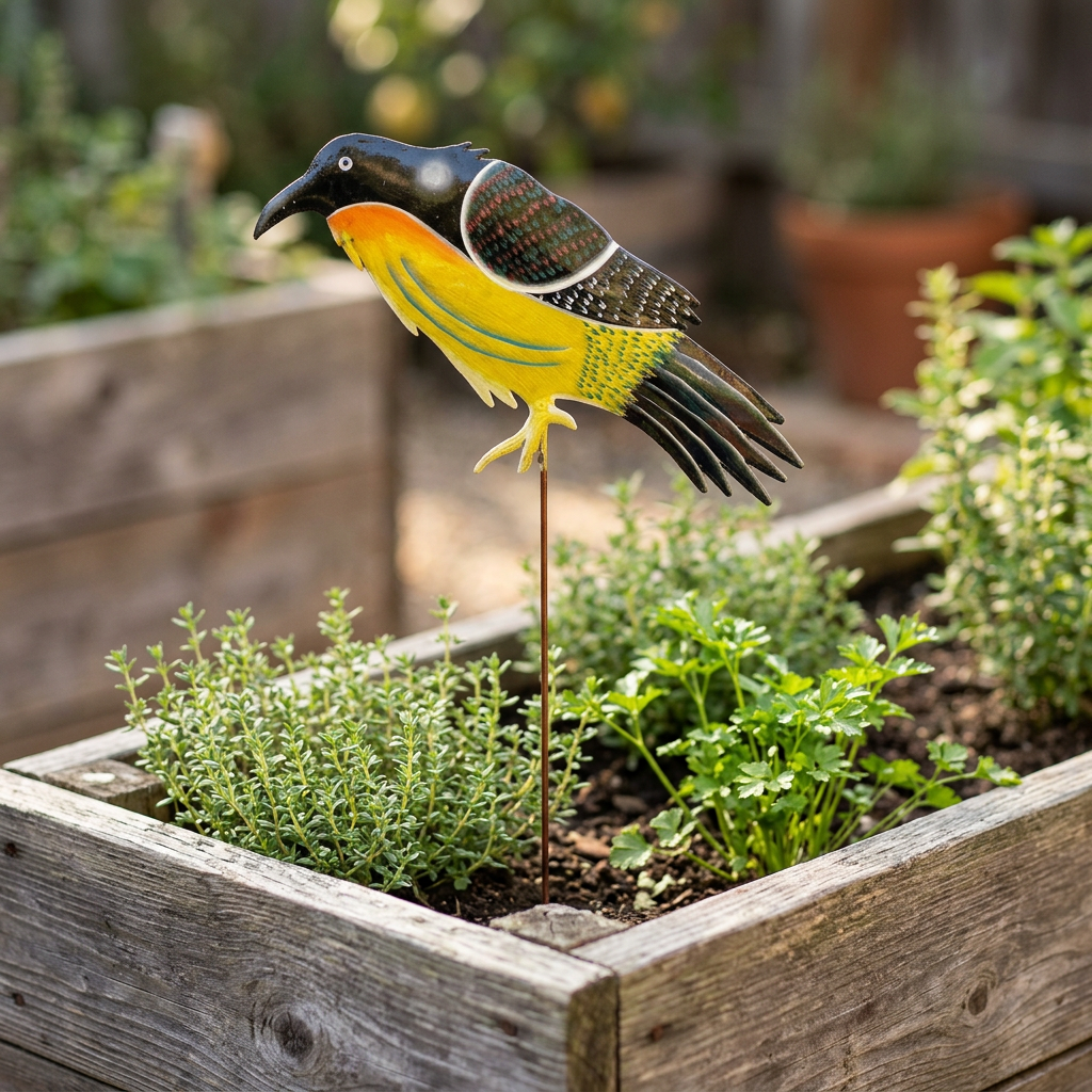 Handcrafted steel bird garden stake among herbs in a raised bed