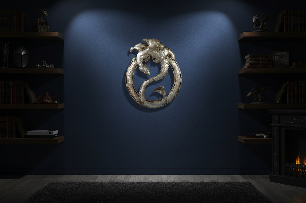 Haitian dragon metal wall art on a deep navy wall in a fantasy-themed game room with dark wood shelves