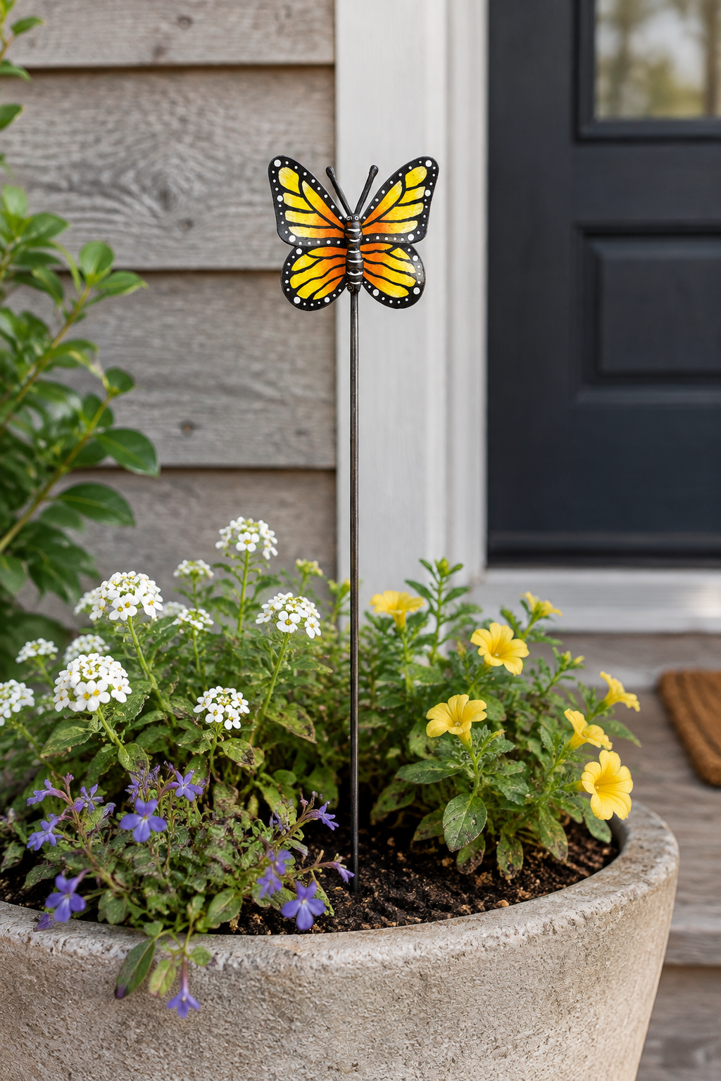 Espwa yellow butterfly garden stake in a front porch planter