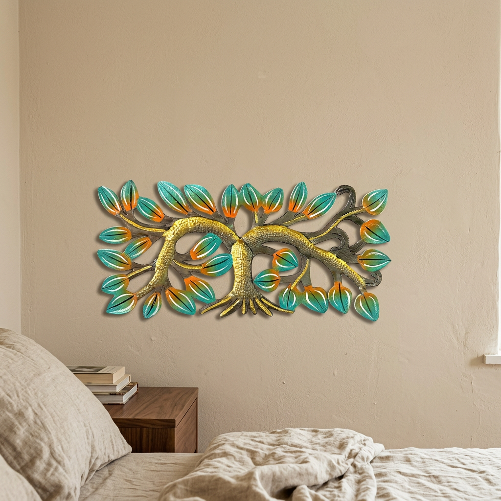 Tiny colorful metal tree wall sculpture beside a walnut bedroom nightstand