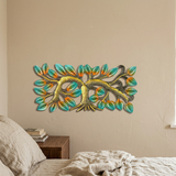 Tiny colorful metal tree wall sculpture beside a walnut bedroom nightstand