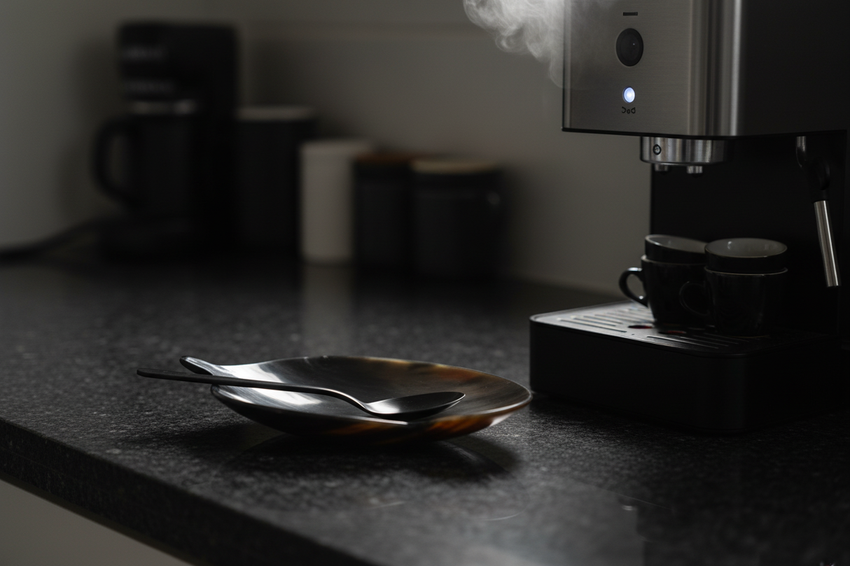 Haitian black horn leaf spoon rest holding coffee spoon beside espresso machine on dark granite counter