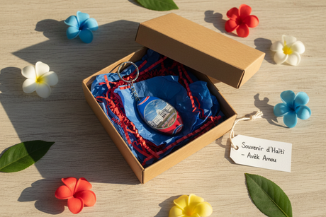 Palais National keychain in kraft gift box with tropical flowers – gift presentation lifestyle photo