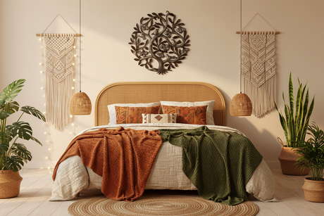 Haitian Tree of Life metal art above a rattan headboard in a bohemian bedroom with macrame accents