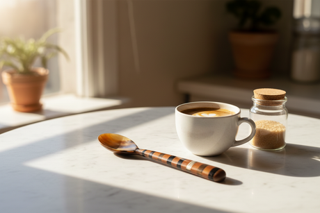 Haitian brown striped horn spoon beside specialty coffee cup and brown sugar jar on marble surface