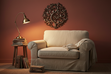 Haitian Tree of Life metal art on a terracotta accent wall in a cozy reading nook with linen armchair