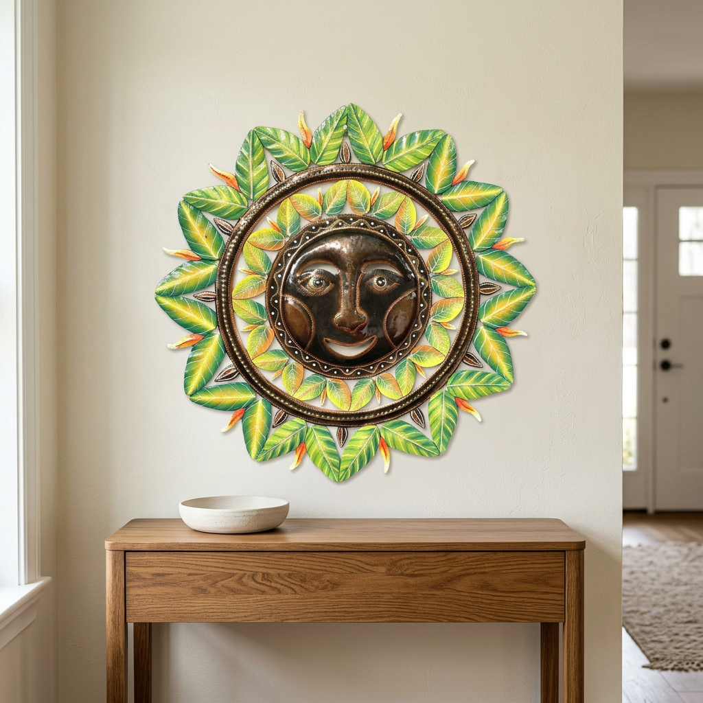Green Haitian sun wall art above an oak entryway console