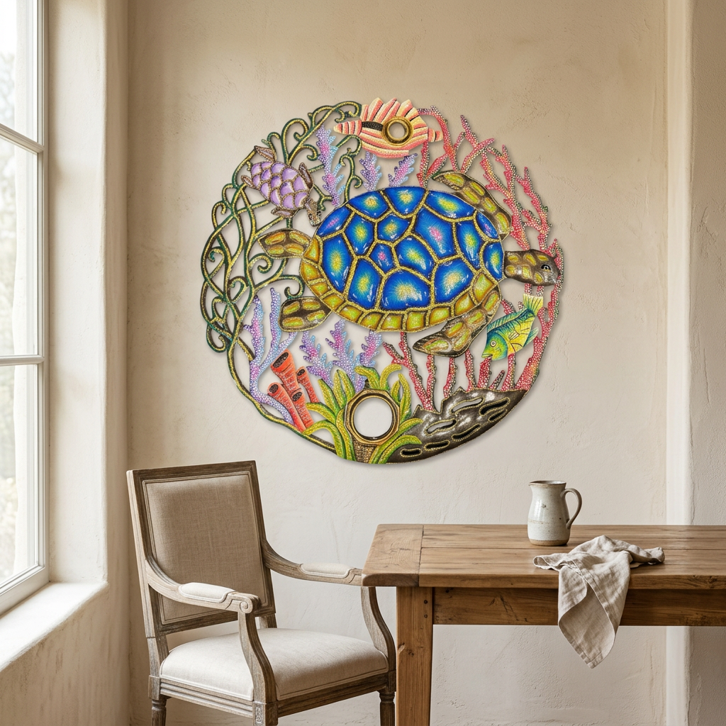 Colorful recycled steel drum sea turtle wall art in a dining nook.