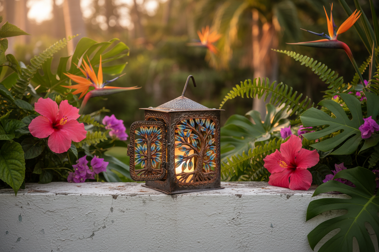 Haitian hand-painted metal lantern on a whitewashed outdoor garden wall at golden hour surrounded by tropical flowers and lush greenery