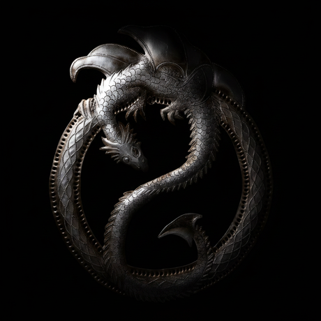 Close-up detail of Haitian dragon metal wall art with dramatic spotlight lighting on a black background