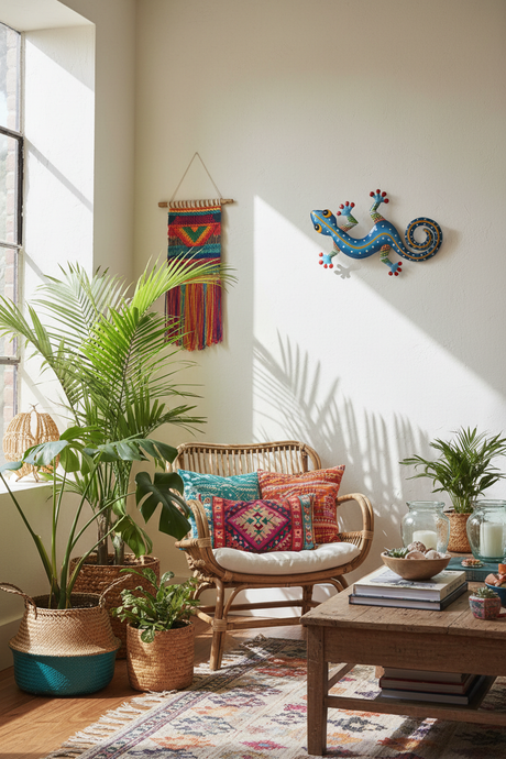 Blue metal gecko wall art mounted in bohemian living room