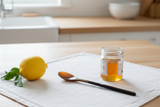 Haitian two-tone horn spoon beside honey jar and lemon on white linen Scandinavian kitchen