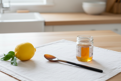 Haitian two-tone horn spoon beside honey jar and lemon on white linen Scandinavian kitchen