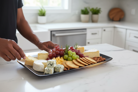 Haitian ox horn tray used as charcuterie board with cheese and grapes on marble countertop