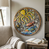 Handmade Haitian octopus ocean wall art beside a reading chair.