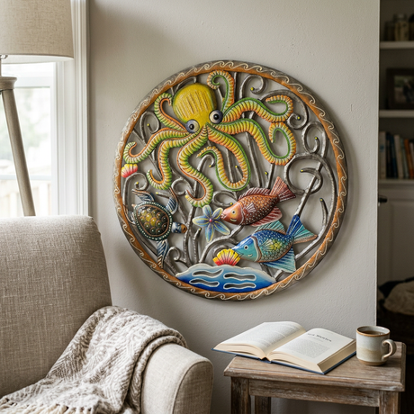 Handmade Haitian octopus ocean wall art beside a reading chair.