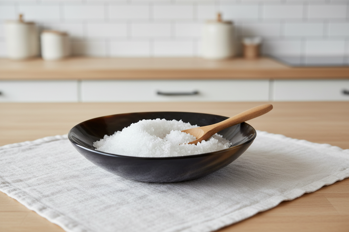 Haitian black horn bowl holding sea salt with wooden spoon on white linen Scandinavian kitchen