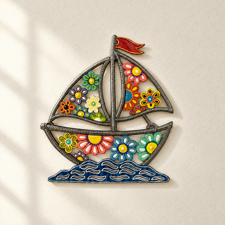 Daisy Boat metal wall art showing colorful flowers, a red flag, and blue waves