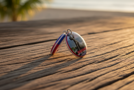 Both sides of Haiti double-sided keychain displayed on rustic wood – lifestyle photo
