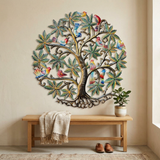 Handmade Haitian Birds Tree of Life wall art above an entryway bench.