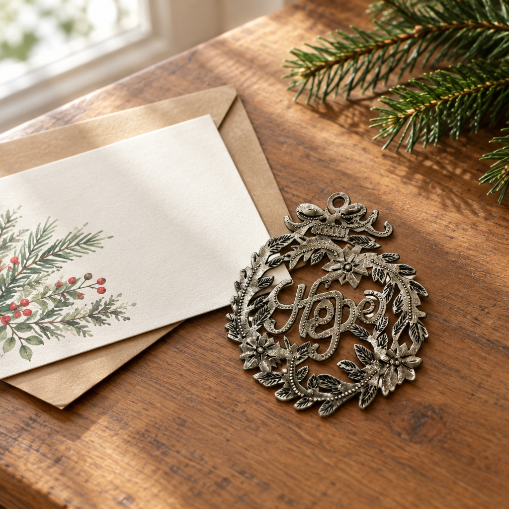 Handmade Haitian Hope metal Christmas ornament beside a holiday card