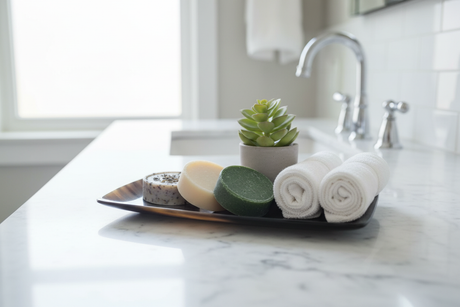 Horn serving tray on bathroom vanity with soaps and succulents