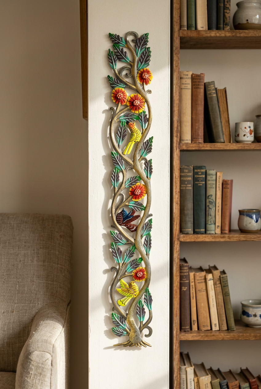 Colorful steel drum tree wall art beside a living room bookshelf.