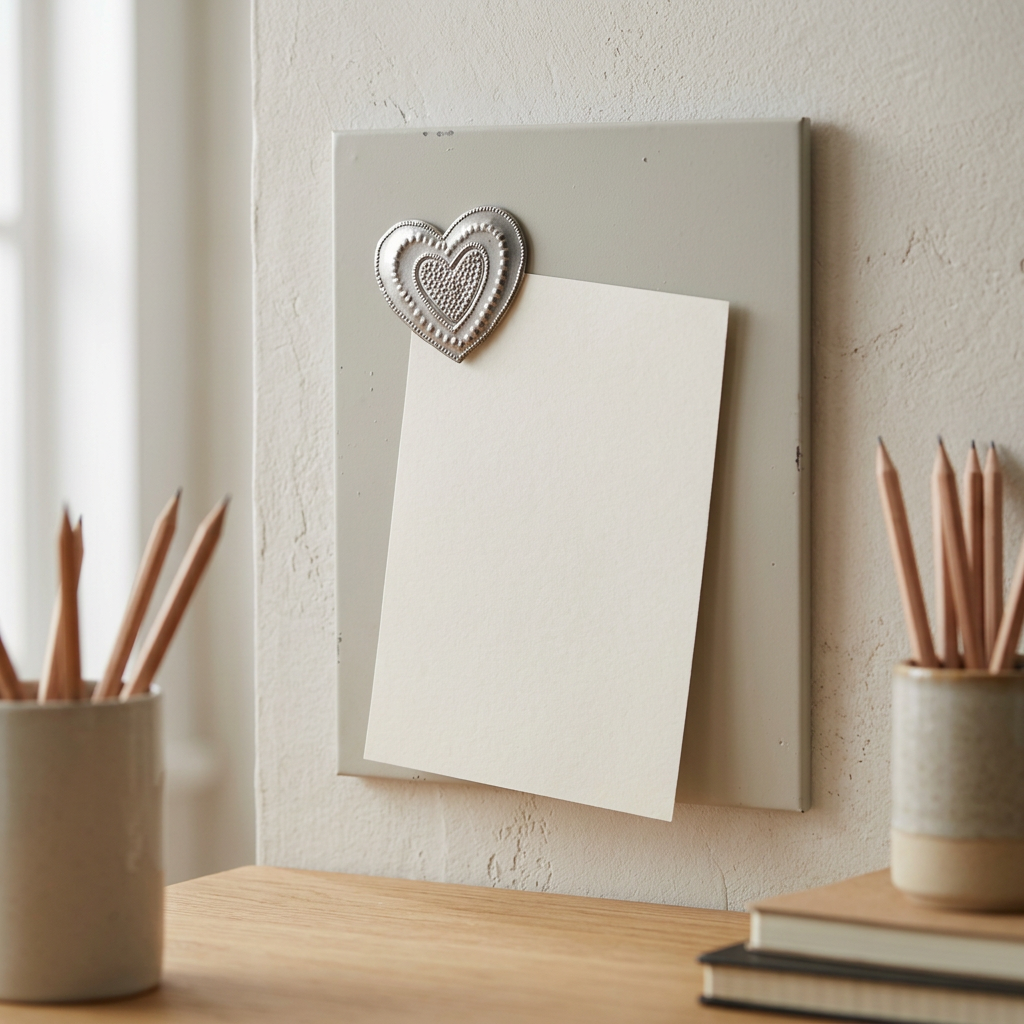 Silver heart magnet holding a plain paper on a home office metal memo board