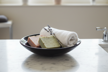 Haitian black horn bowl holding artisan soap and lavender on white marble bathroom counter
