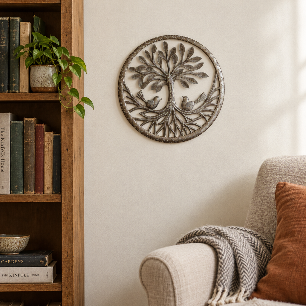 Haitian Tree of Life metal wall art with two birds in a reading nook
