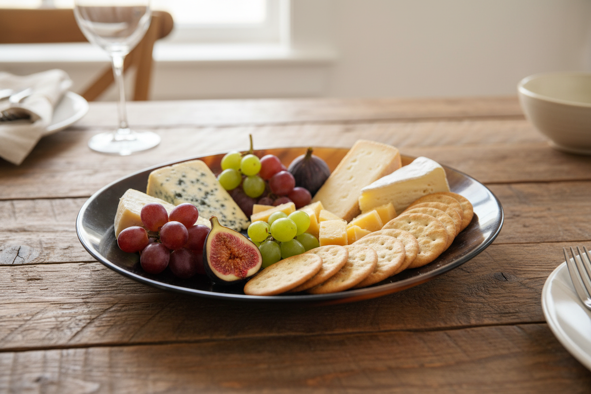 Haitian horn plate used as charcuterie board with cheeses grapes and figs on rustic wooden table