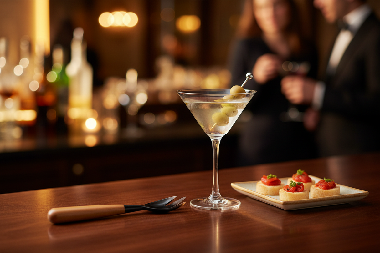 Haitian horn and wood fork beside cocktail glass with olives at luxury cocktail party setting