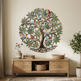 22-inch Birds Tree of Life metal wall art above a wooden living room console.