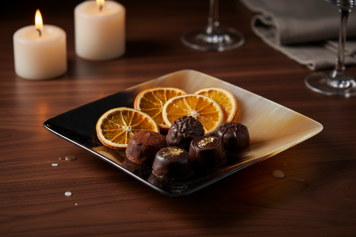 Haitian black amber horn bowl holding artisan chocolates on dark walnut surface by candlelight