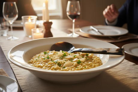 Haitian all-horn grand spoon resting across white ceramic bowl of creamy risotto at elegant dinner party