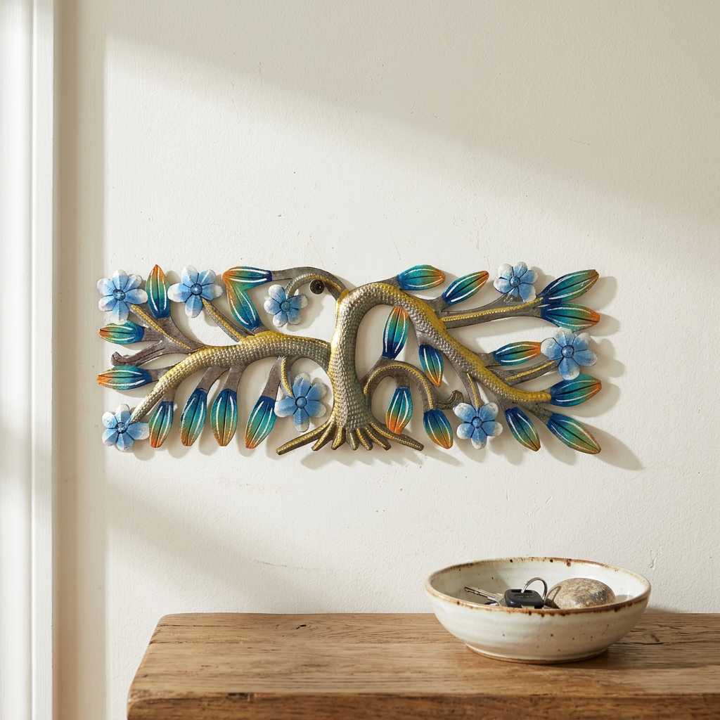 Tiny blue-flower Haitian metal tree wall art above an oak entryway console