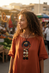 Haitian horn hexagon disc cascade necklace worn by woman in rust orange linen dress at sunlit outdoor market