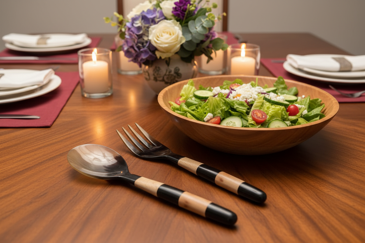 Haitian striped horn salad spoon beside matching fork on luxury dining table with salad bowl by candlelight