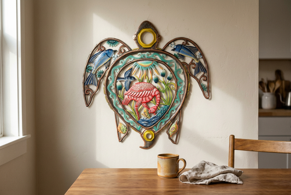 Painted turtle steel drum wall art in a casual dining nook