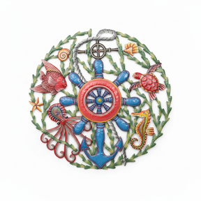 Handcrafted Haitian metal nautical reef scene with colorful ship's wheel, tropical fish, seahorse, octopus, and turtle