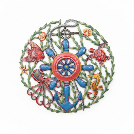 Handcrafted Haitian metal nautical reef scene with colorful ship's wheel, tropical fish, seahorse, octopus, and turtle