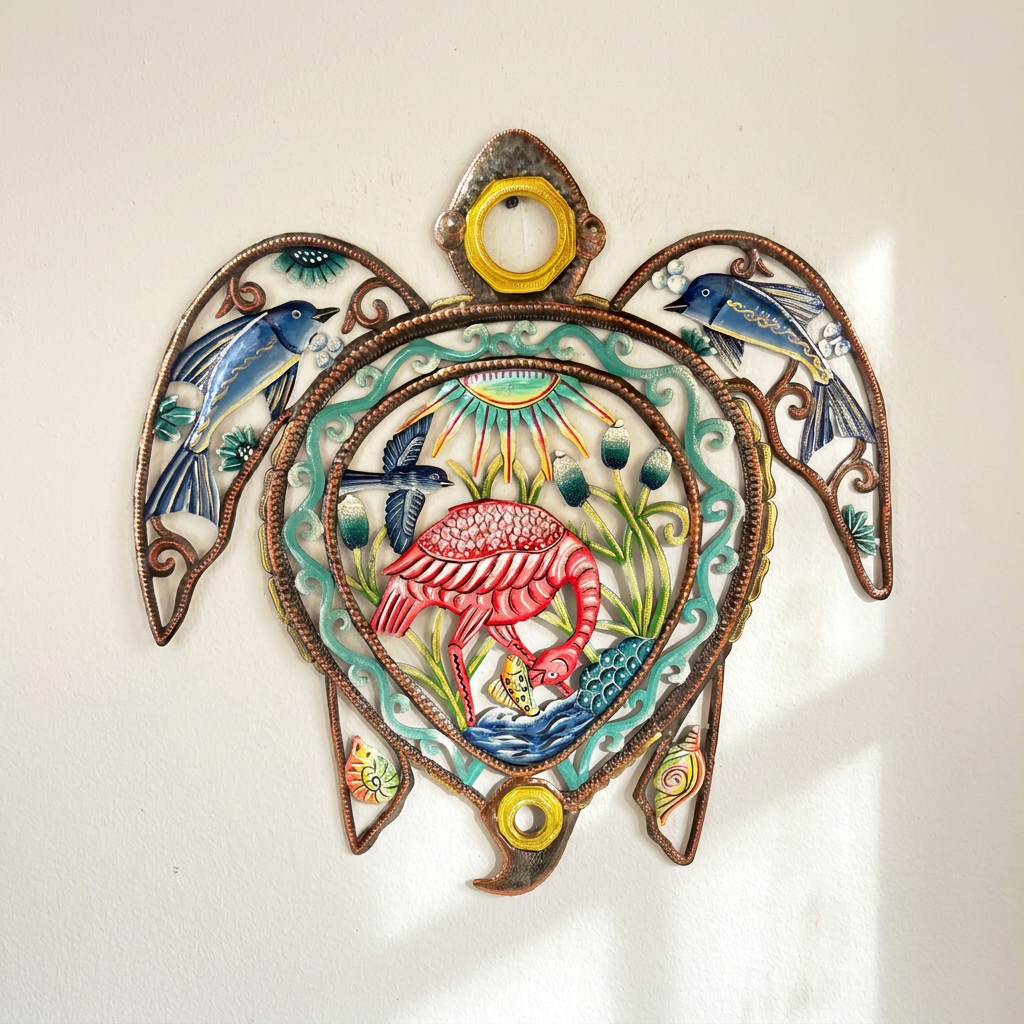 Oil Drum Top Turtle metal wall art with a pink flamingo, blue birds, and painted water details