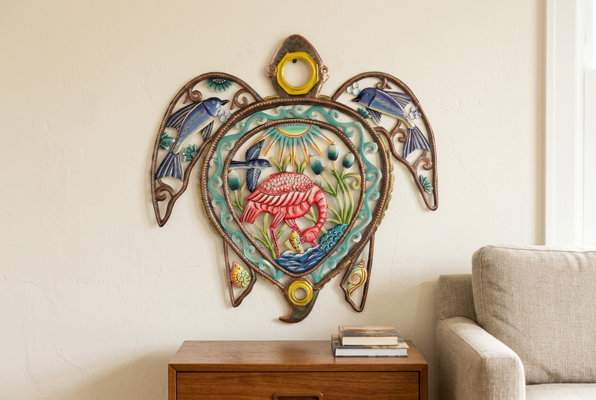 Painted Oil Drum Top Turtle metal wall art above a living room side table