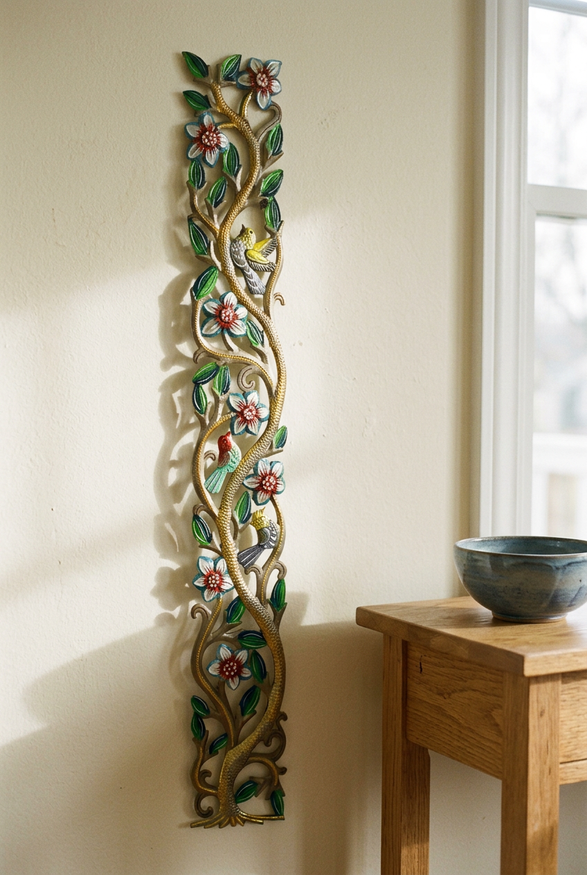Colorful Haitian metal tree wall art beside an oak entryway console