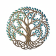 Handcrafted Haitian metal Tree of Life with bronze trunk and hand-painted turquoise, blue, and green leaves
