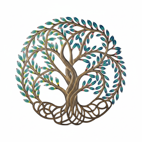 Handcrafted Haitian metal Tree of Life with bronze trunk and hand-painted turquoise, blue, and green leaves