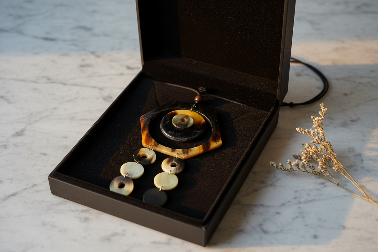 Haitian horn hexagon disc cascade necklace in luxury black velvet gift box with dried flowers on marble