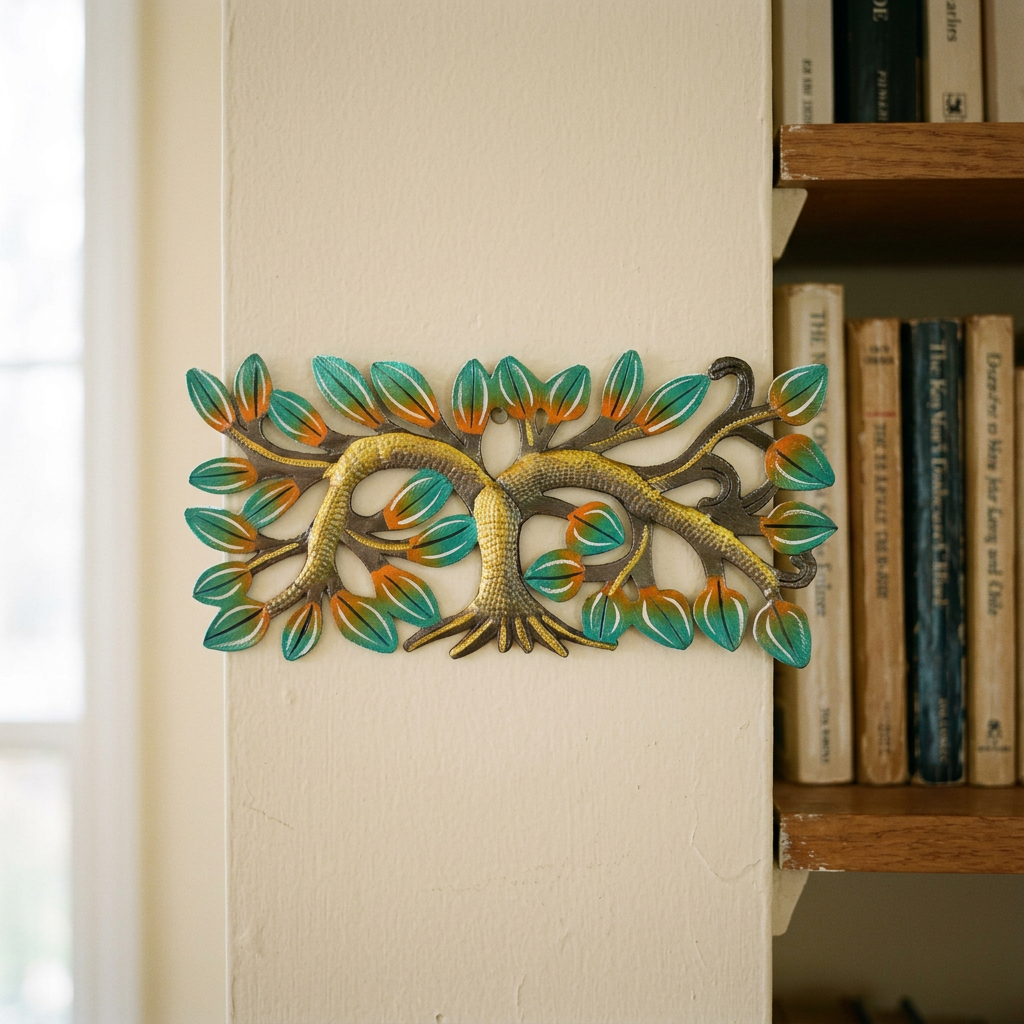 Small horizontal metal tree with green leaves beside a living room bookshelf